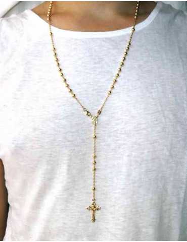 Collana rosario uomo o donna in Argento 925 croce lavorata palline 5 mm 67 cm Bagno oro Giallo