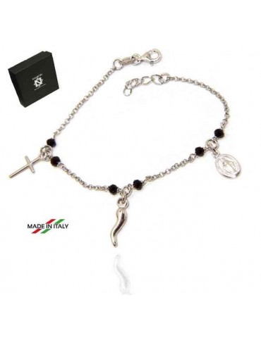 NALBORI Bracciale rosario in Argento 925 madonna cornetto croce nero