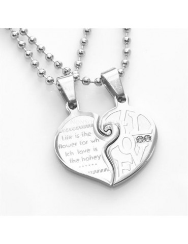 Acciaio : 2 collane complete cuore spezzato puzzle  scritta "I Love You"con zirconi bianchi per uomo e donna