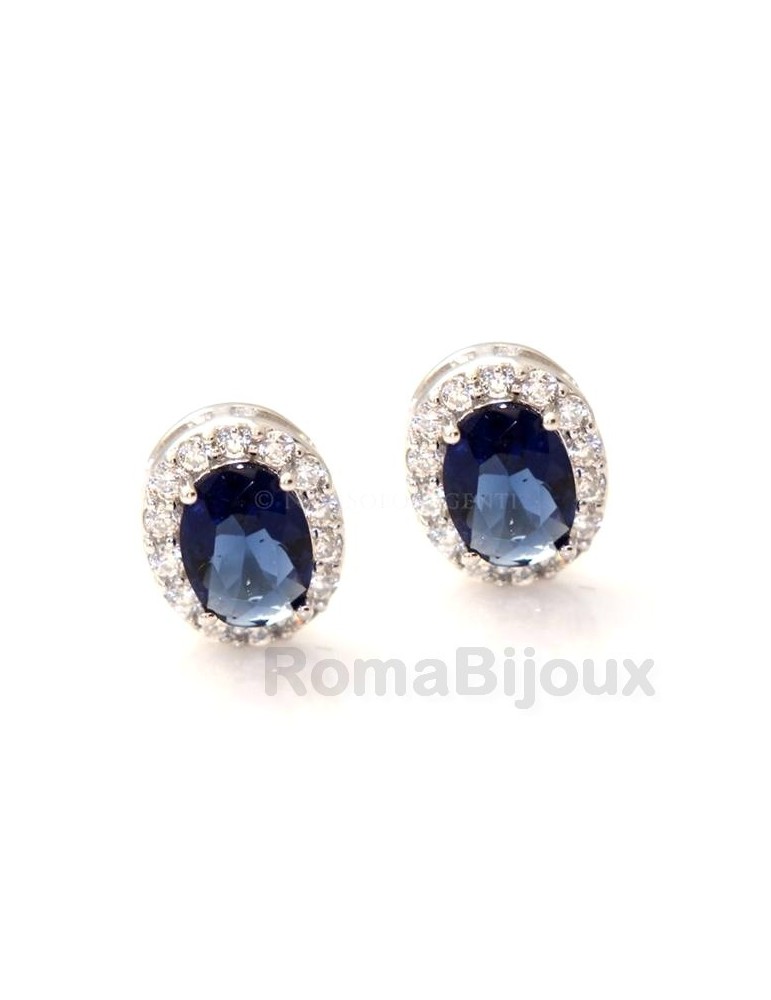 Argento 925 : orecchini donna bottone ovale stud pietra blu sapphire 11x9mm zirconi