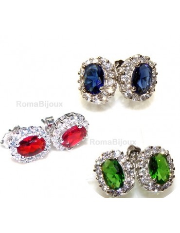 silver 925 : woman stud button earrings oval stone green blue red 9x7mm zircons