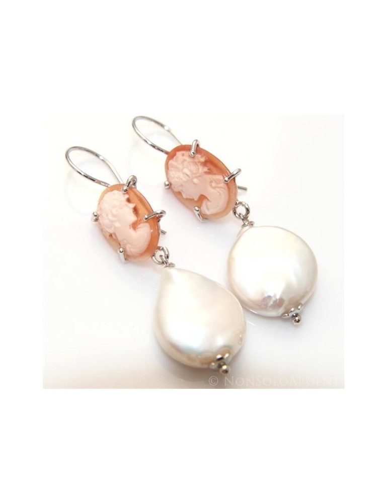 Earrings Silver 925 clear baroque pearl cameo profile of natural woman