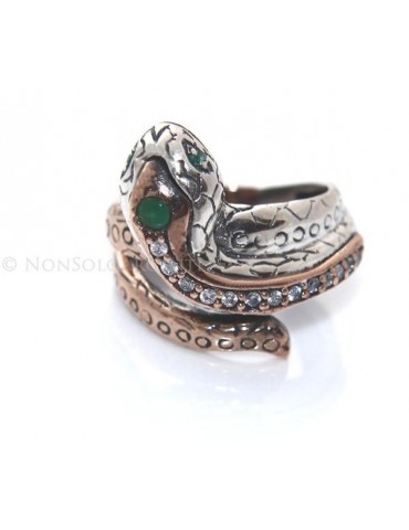 Argento 925 : Anello 2 colori  con serpente e zirconi  bianchi - Radice di smeraldo misura 19