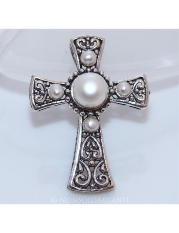 ARGENTO 925 Ciondolo a forma di Croce Templare con perla